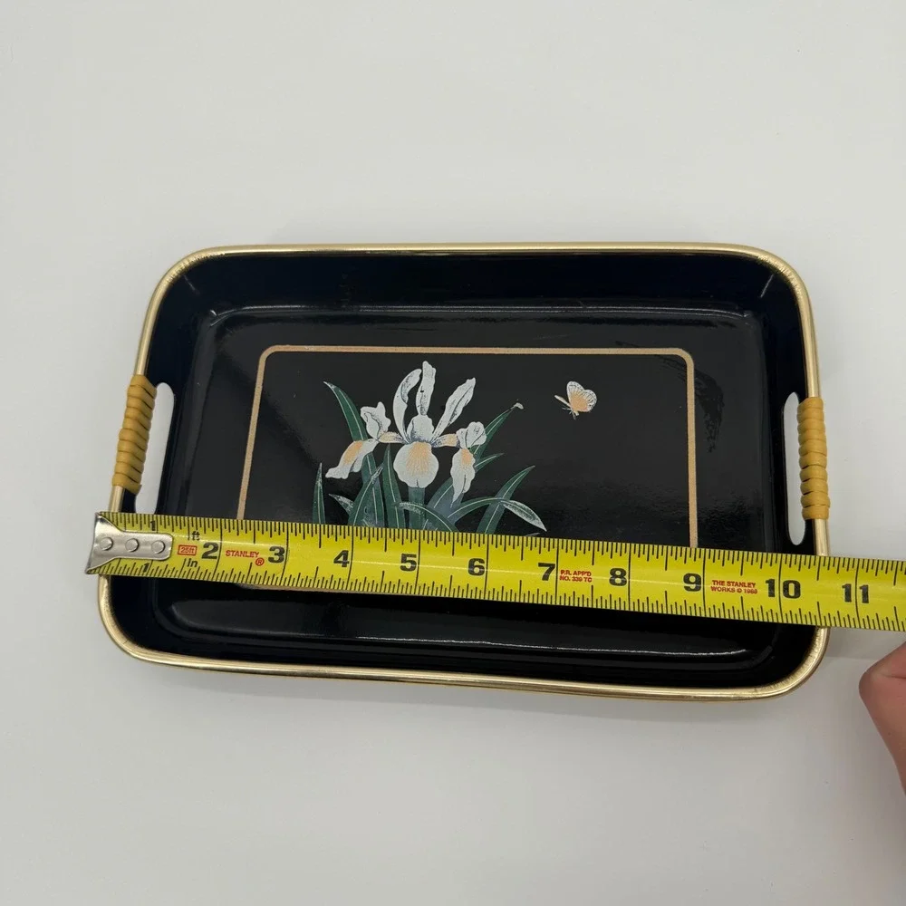 Vintage Black Lacquer Style Serving Tray Iris Butterfly Floral Gold Trim Handles